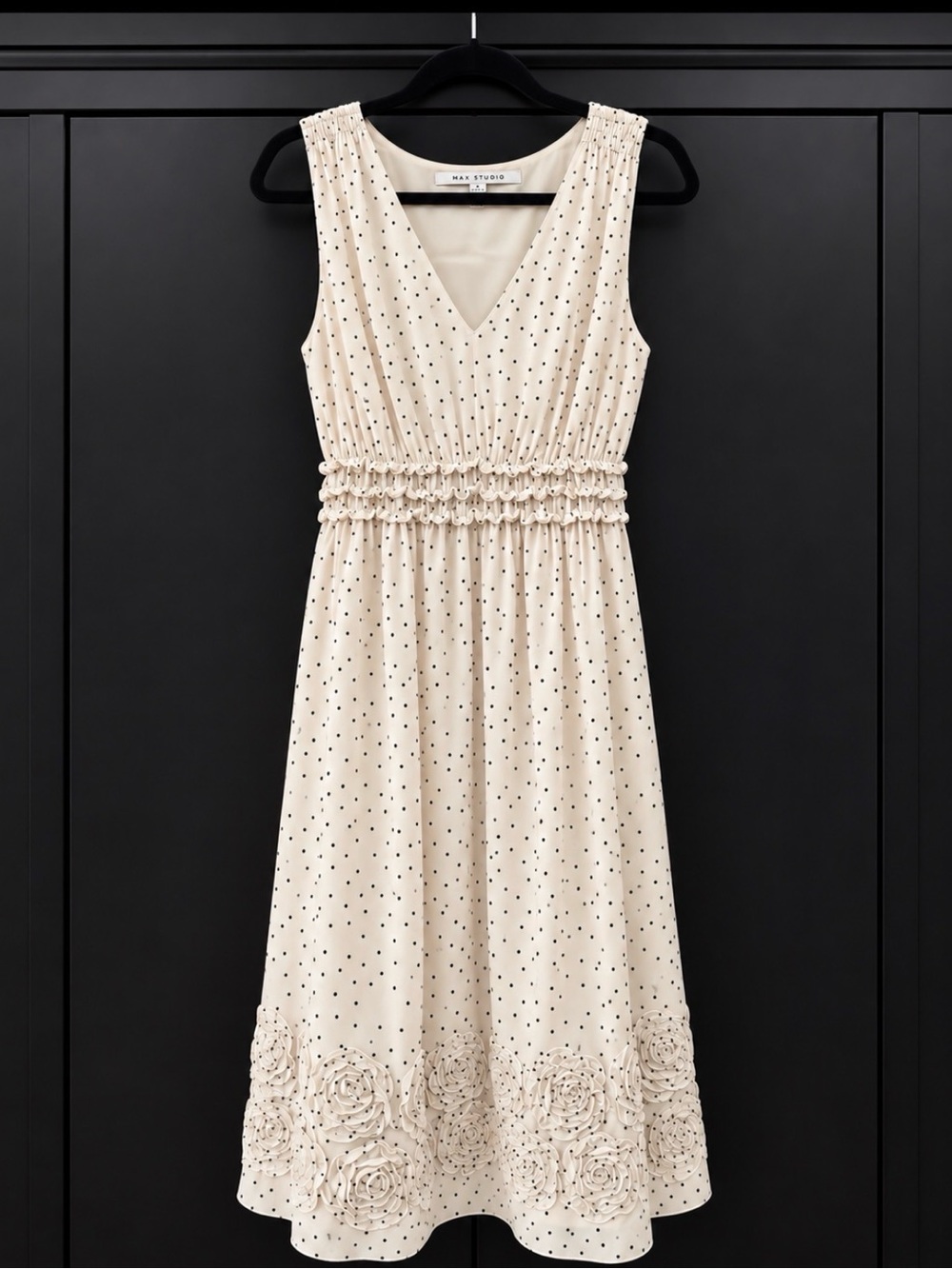 Max Studio Cream and Black Polka Dot Sleeveless Dress with Rosette Hem